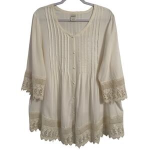 Vtg Blair Women's L‎ Cottagecore Fairy Pintuck Crochet Lace Oversized Soft Tunic
